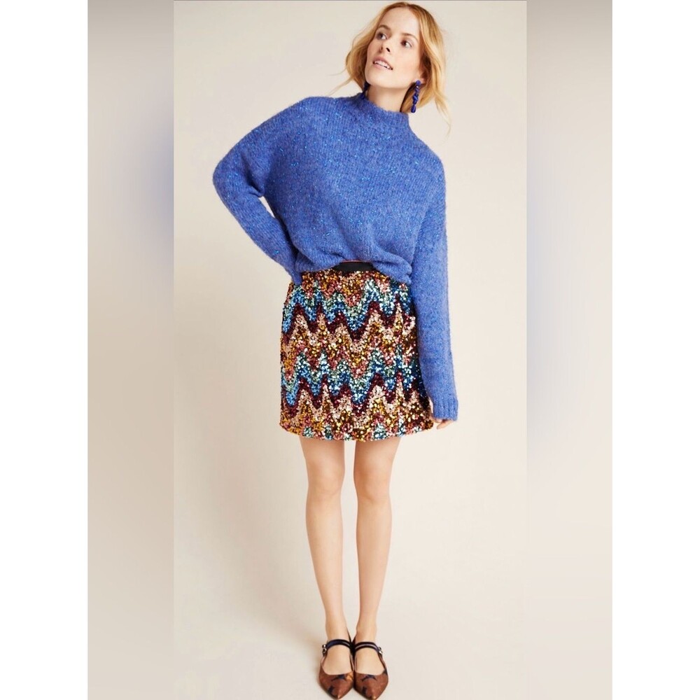 Maeve Anthropologie Zig Zag Sequined Mini Skirt Multicolor 8 Glam Maximalist